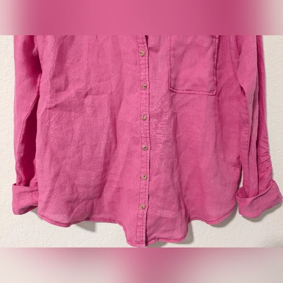 Anthropologie Fuschia Pink 100% Linen V-Neck Long Sleeve Button-Up Shirt - Picture 7 of 12